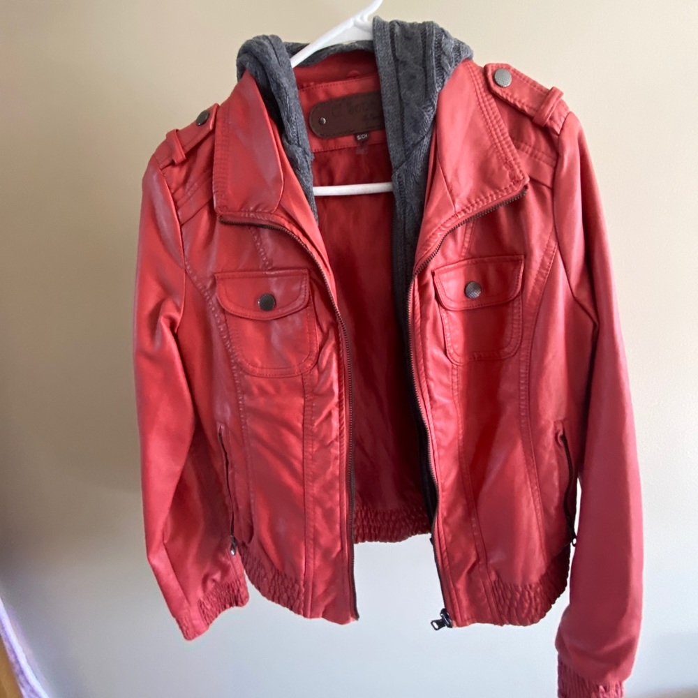 Ci Sono Vegan Faux Leather Jacket with Knit Hood